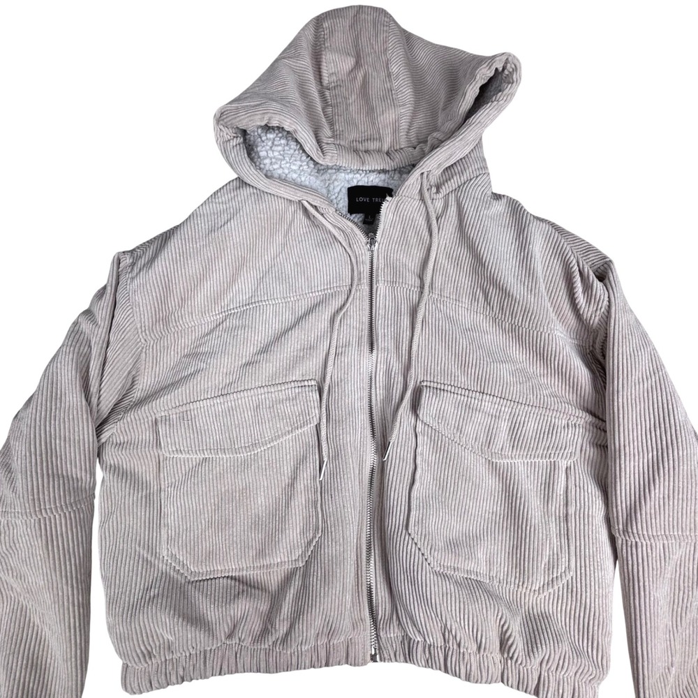 LOVE TREE Corduroy Cropped Jacket Shearling Pockets Hood Puffy Womens Sz L